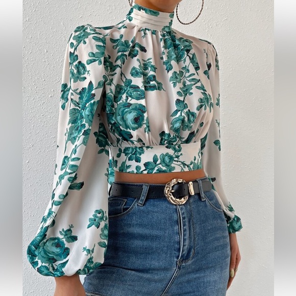 Boho Floral Print Tie Backless Open Back Bishop Sleeve Crop Top Blouse Shirt - Picture 2 of 6
